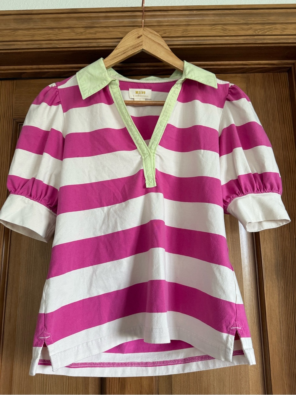 Anthropologie Maeve Hot Pink & White Striped Polo with Lime Trim